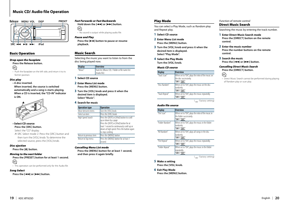 Music cd/ audio file operation, Basic operation, Music search | Play mode, Direct music search | Kenwood KDC-BT92SD User Manual | Page 10 / 41