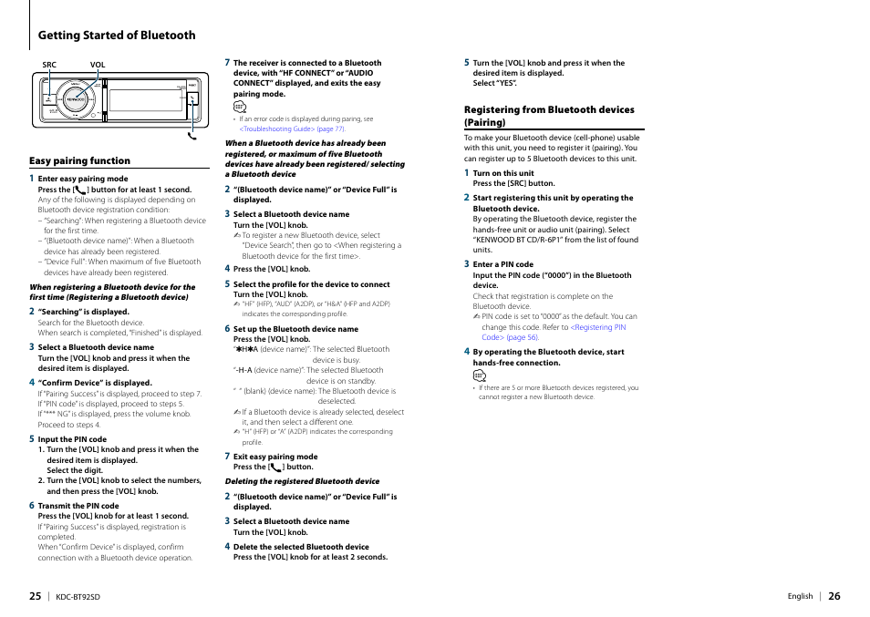 Getting started of bluetooth, Easy pairing function, Registering from bluetooth devices (pairing) | Kenwood KDC-BT92SD User Manual | Page 13 / 41