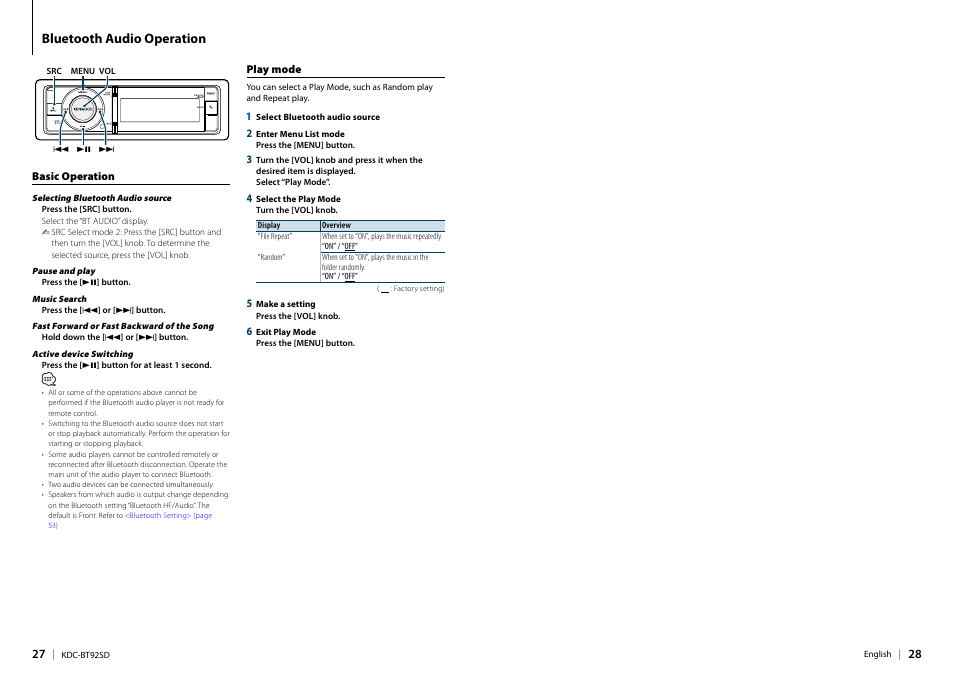 Bluetooth audio operation, Basic operation, Play mode | Bluetooth audio operation 27, Basic operation play mode | Kenwood KDC-BT92SD User Manual | Page 14 / 41