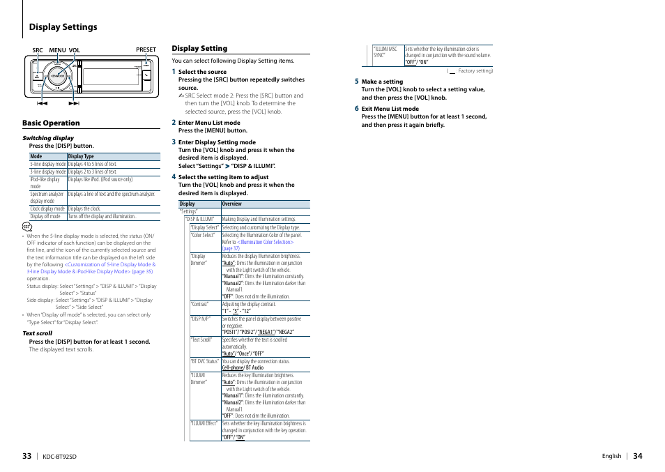 Display settings, Basic operation, Display setting | Basic operation display setting, Basic | Kenwood KDC-BT92SD User Manual | Page 17 / 41