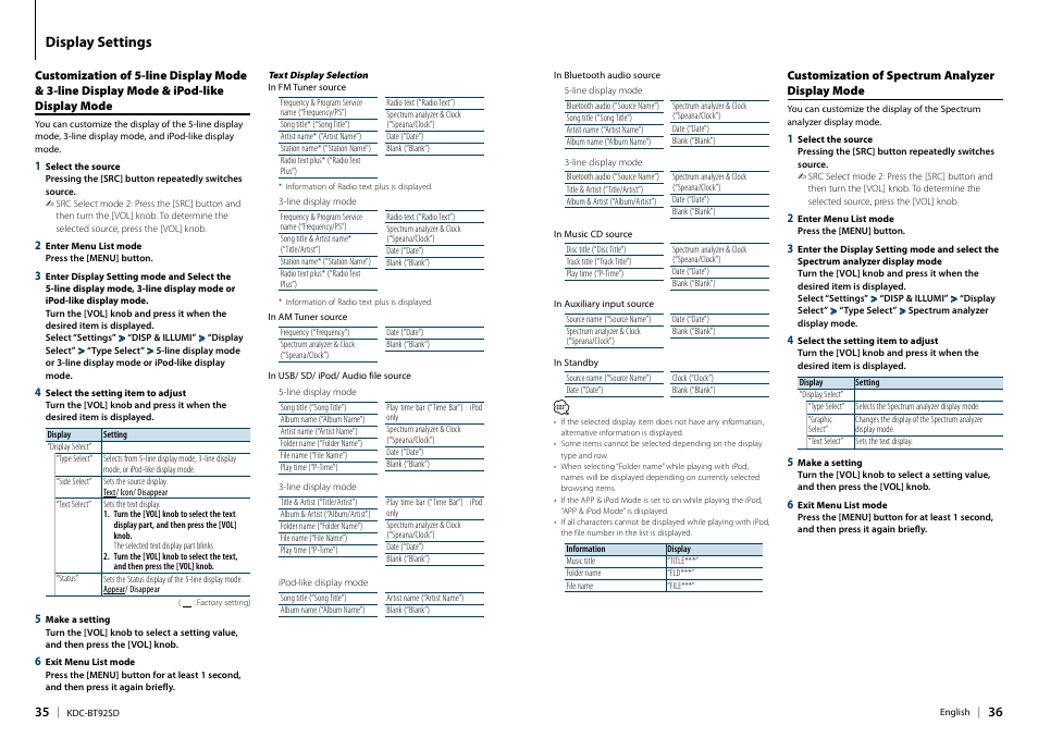 Customization of spectrum analyzer display mode, Customization of 5-line display mode & 3-line, Display mode & ipod-like display mode | Customization of 5-line display mode, Display settings | Kenwood KDC-BT92SD User Manual | Page 18 / 41