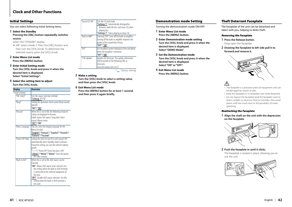 Initial settings, Demonstration mode setting, Theft deterrent faceplate | Demonstration mode, Initial, Ibed in, Clock and other functions | Kenwood KDC-BT92SD User Manual | Page 21 / 41