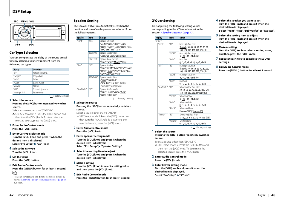 Dsp setup, Car type selection, Speaker setting | X’over setting, Car type selection speaker setting x’over setting | Kenwood KDC-BT92SD User Manual | Page 24 / 41