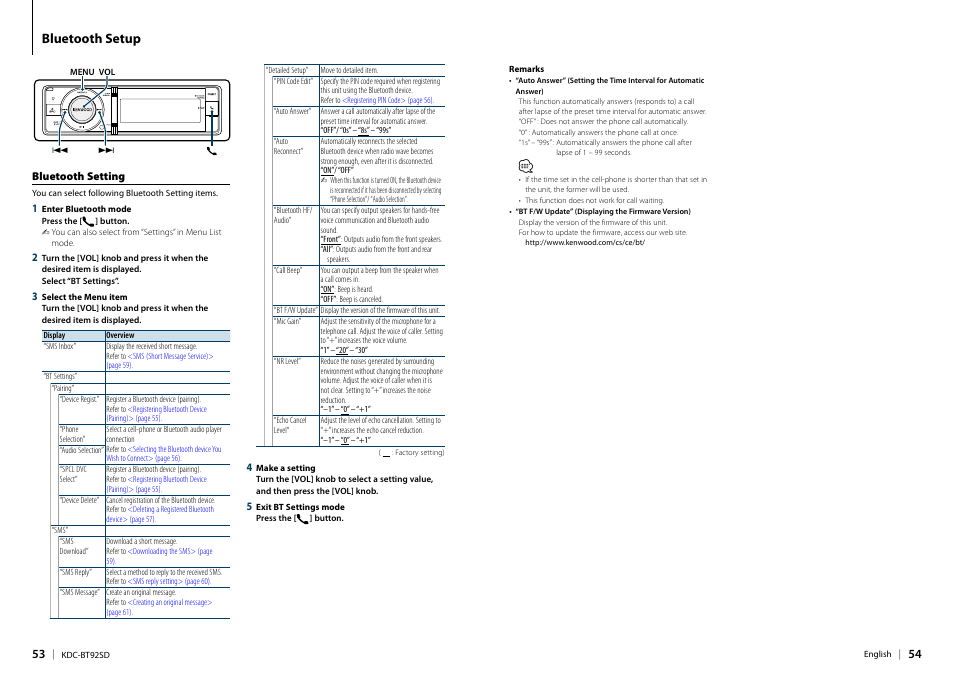 Bluetooth setup, Bluetooth setting, Bluetooth setup 53 | Bluetooth | Kenwood KDC-BT92SD User Manual | Page 27 / 41