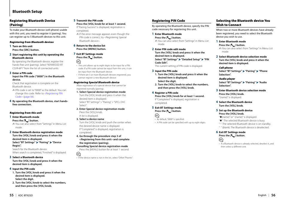 Registering bluetooth device (pairing), Registering pin code, Selecting the bluetooth device you wish to connect | Connect, Registering pin, Registering bluetooth device, Selecting the bluetooth device you | Kenwood KDC-BT92SD User Manual | Page 28 / 41