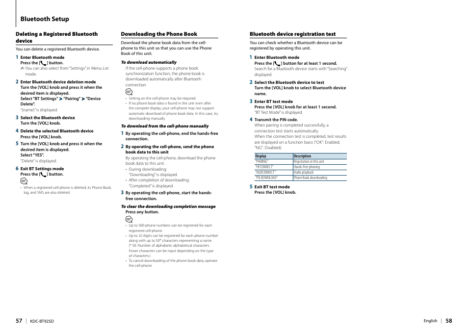 Deleting a registered bluetooth device, Downloading the phone book, Bluetooth device registration test | Deleting a registered bluetooth, Bluetooth setup | Kenwood KDC-BT92SD User Manual | Page 29 / 41