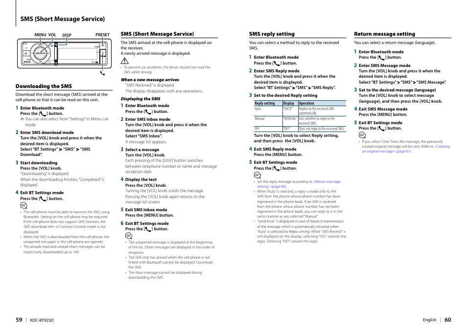 Sms (short message service), Downloading the sms, Sms reply setting | Return message setting | Kenwood KDC-BT92SD User Manual | Page 30 / 41