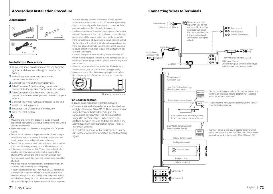 Accessories/ installation procedure, Connecting wires to terminals | Kenwood KDC-BT92SD User Manual | Page 36 / 41