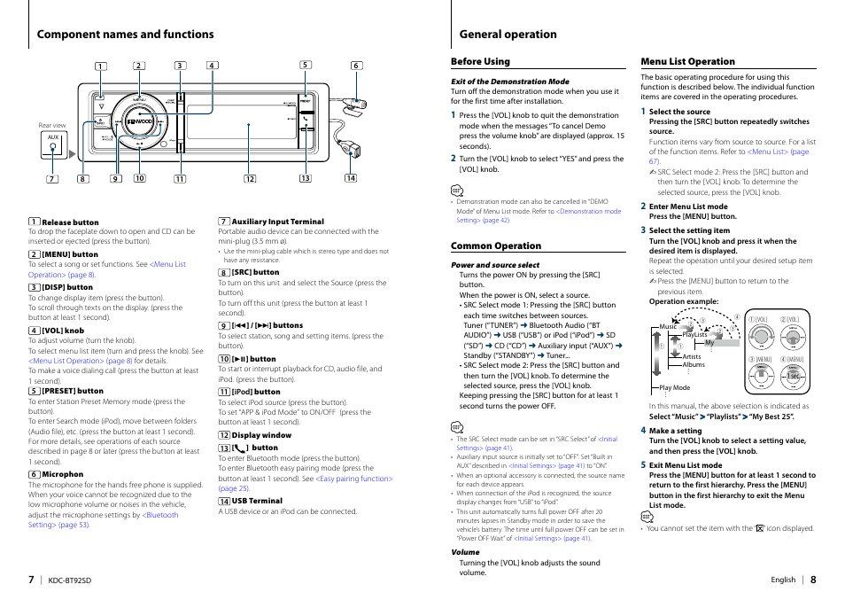 Component names and functions, General operation, Before using | Common operation, Menu list operation, Before using common operation menu list operation | Kenwood KDC-BT92SD User Manual | Page 4 / 41