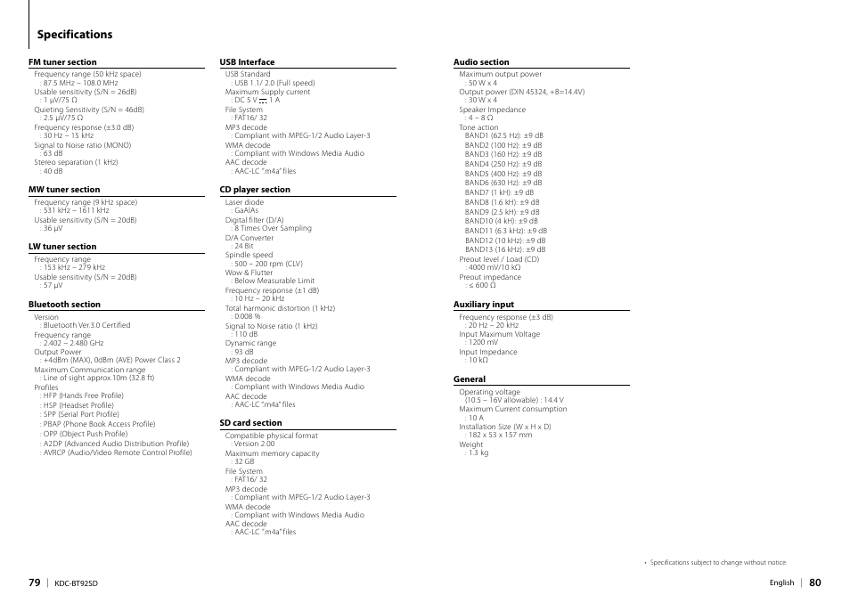 Specifications, Specifications 79 | Kenwood KDC-BT92SD User Manual | Page 40 / 41