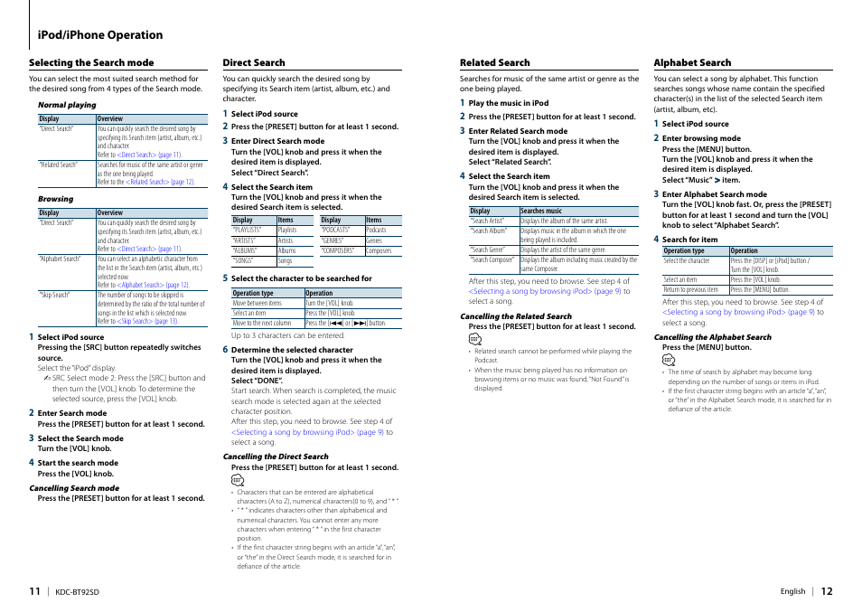 Selecting the search mode, Direct search, Related search | Alphabet search, Ipod/iphone operation | Kenwood KDC-BT92SD User Manual | Page 6 / 41