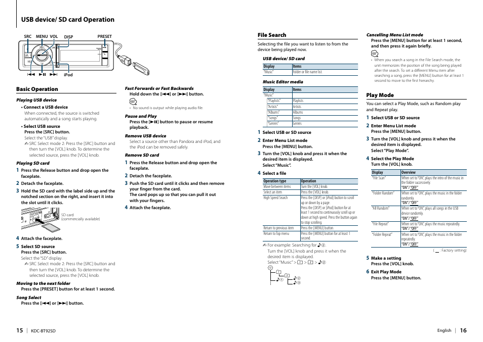 Usb device/ sd card operation, Basic operation, File search | Play mode, Basic operation file search play mode | Kenwood KDC-BT92SD User Manual | Page 8 / 41