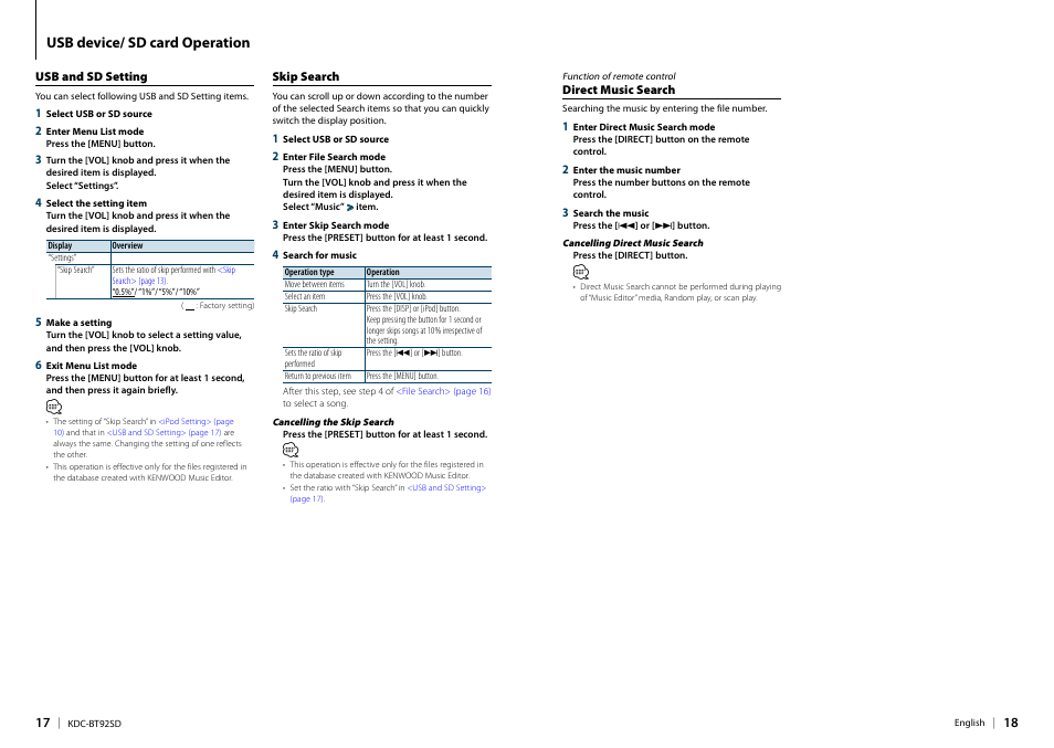 Usb and sd setting, Skip search, Direct music search | Usb and sd setting skip search direct music search, Usb device/ sd card operation | Kenwood KDC-BT92SD User Manual | Page 9 / 41