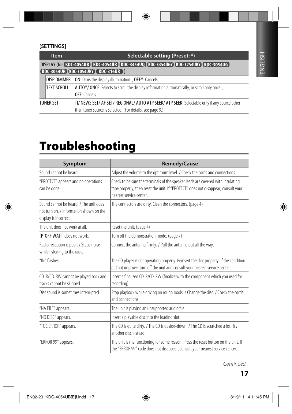 Troubleshooting | Kenwood KDC-3054UR User Manual | Page 17 / 23