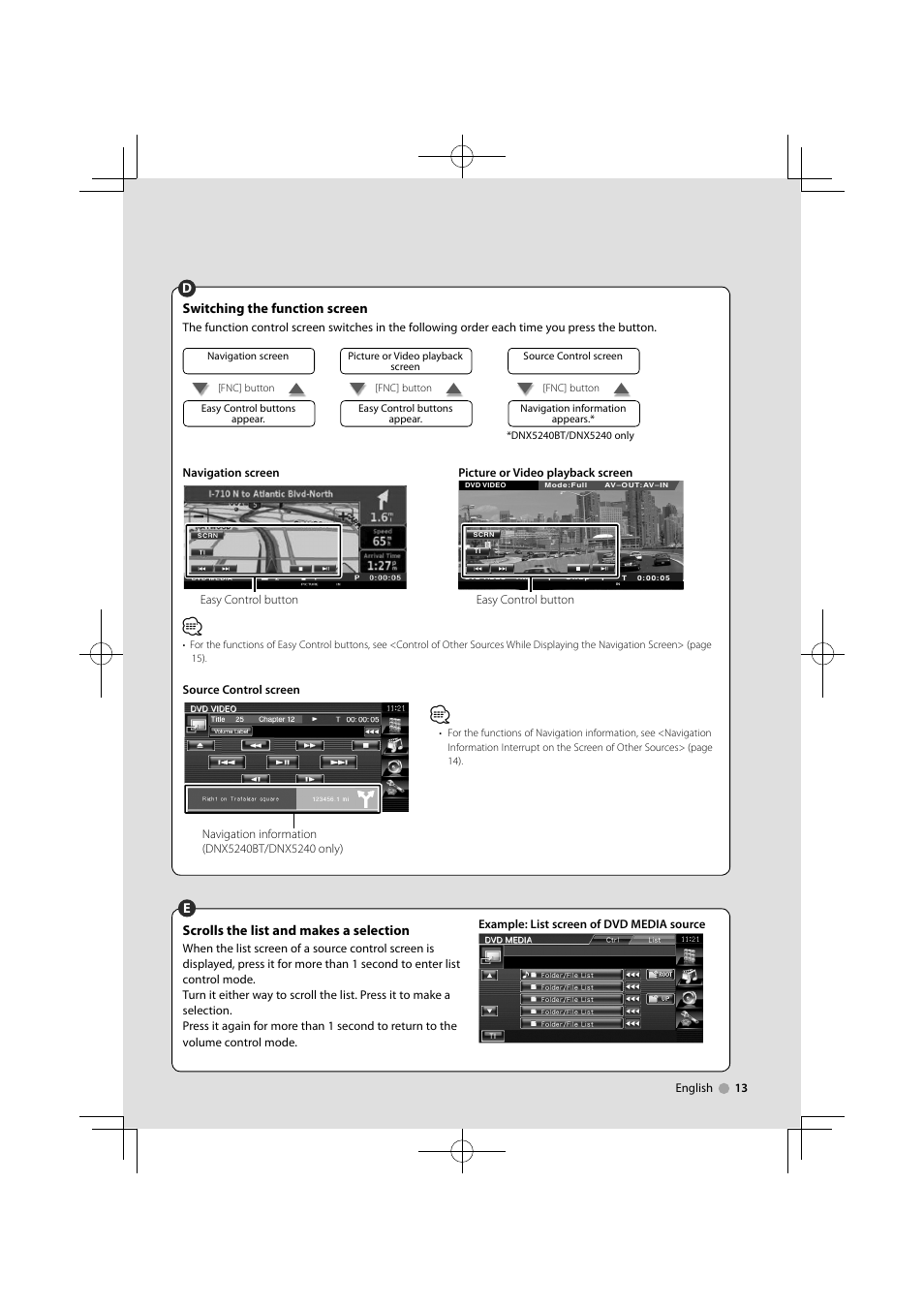 Switching the function screen, Scrolls the list and makes a selection | Kenwood DNX5240BT User Manual | Page 13 / 96