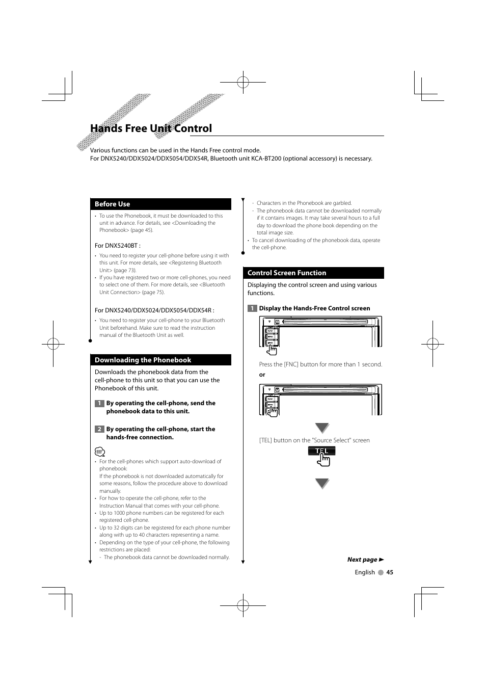 Hands free unit control | Kenwood DNX5240BT User Manual | Page 45 / 96