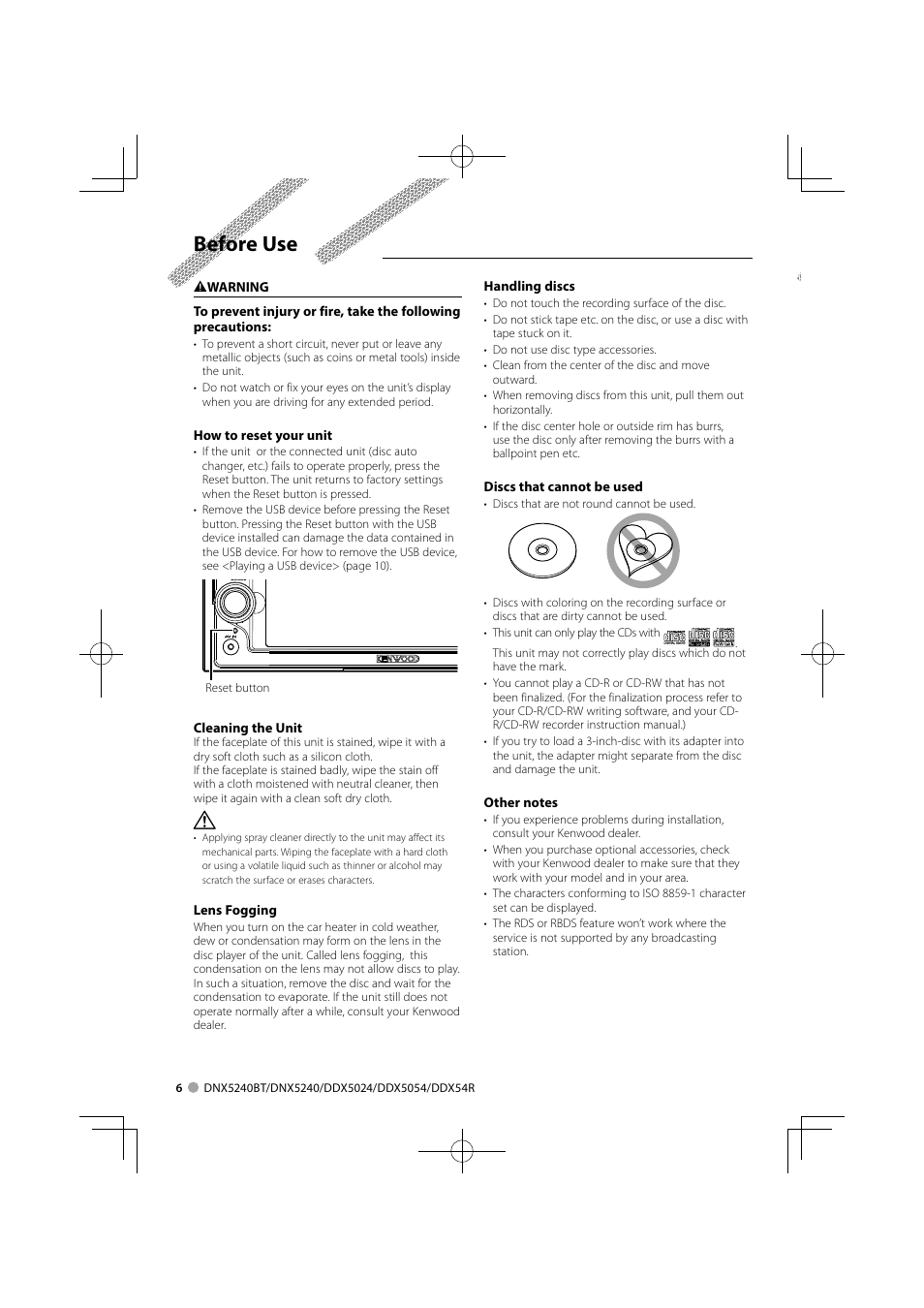 Before use | Kenwood DNX5240BT User Manual | Page 6 / 96