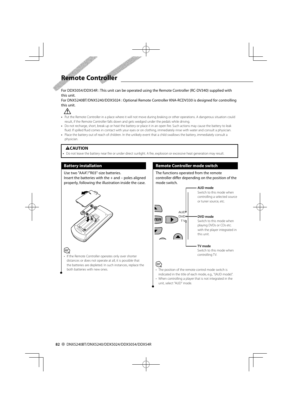 Remote controller | Kenwood DNX5240BT User Manual | Page 82 / 96