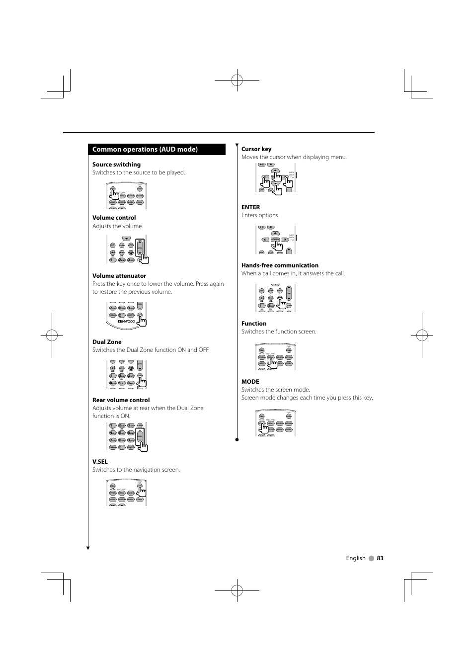 Common operations (aud mode), English 83, Volume control adjusts the volume | V.sel switches to the navigation screen, Cursor key moves the cursor when displaying menu, Enter enters options, Function switches the function screen | Kenwood DNX5240BT User Manual | Page 83 / 96