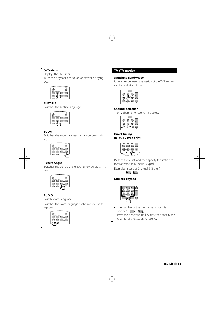 Tv (tv mode), Subtitle switches the subtitle language, Direct tuning (ntsc tv type only) | Numeric keypad | Kenwood DNX5240BT User Manual | Page 85 / 96