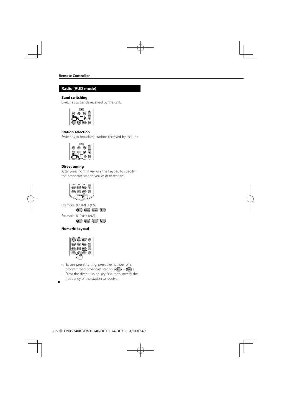 Radio (aud mode), Example: 92.1mhz (fm), Example: 810khz (am) | Numeric keypad | Kenwood DNX5240BT User Manual | Page 86 / 96