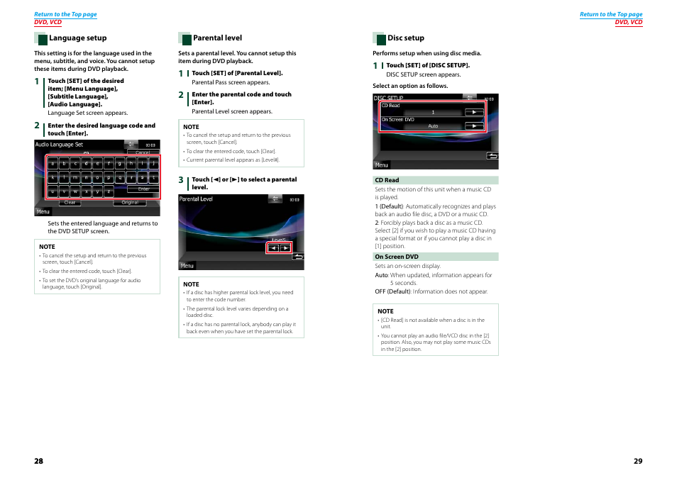 Language setup (p.28), Parental level (p.28), Disc setup (p.29) | Kenwood DNX7210BT User Manual | Page 15 / 58