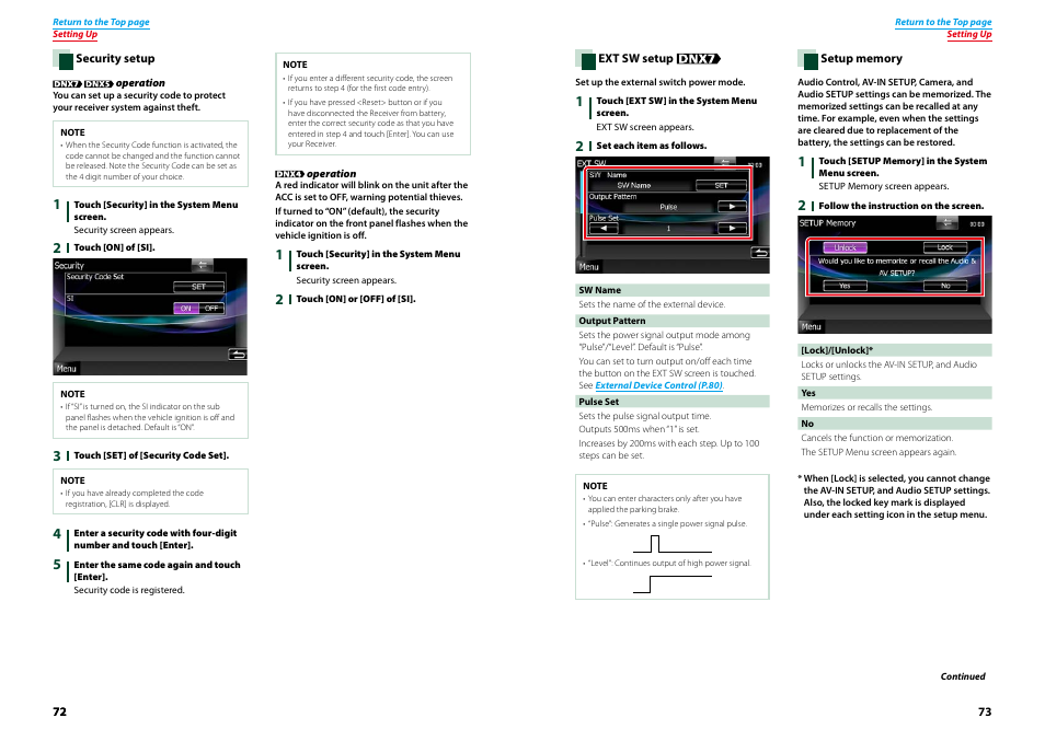 P.72), Ext sw setup (p.73), P.73) | Kenwood DNX7210BT User Manual | Page 37 / 58