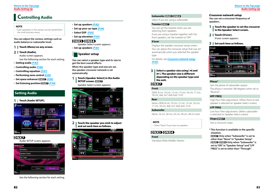 Controlling audio, Setting audio, Controlling audio (p.82) | Ontrolling audio | Kenwood DNX7210BT User Manual | Page 42 / 58