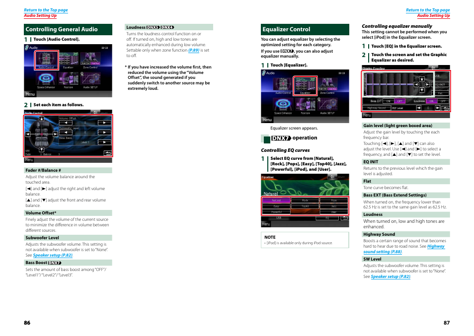 Controlling general audio, Equalizer control, Controlling general audio equalizer control | P.87), P.86) | Kenwood DNX7210BT User Manual | Page 44 / 58