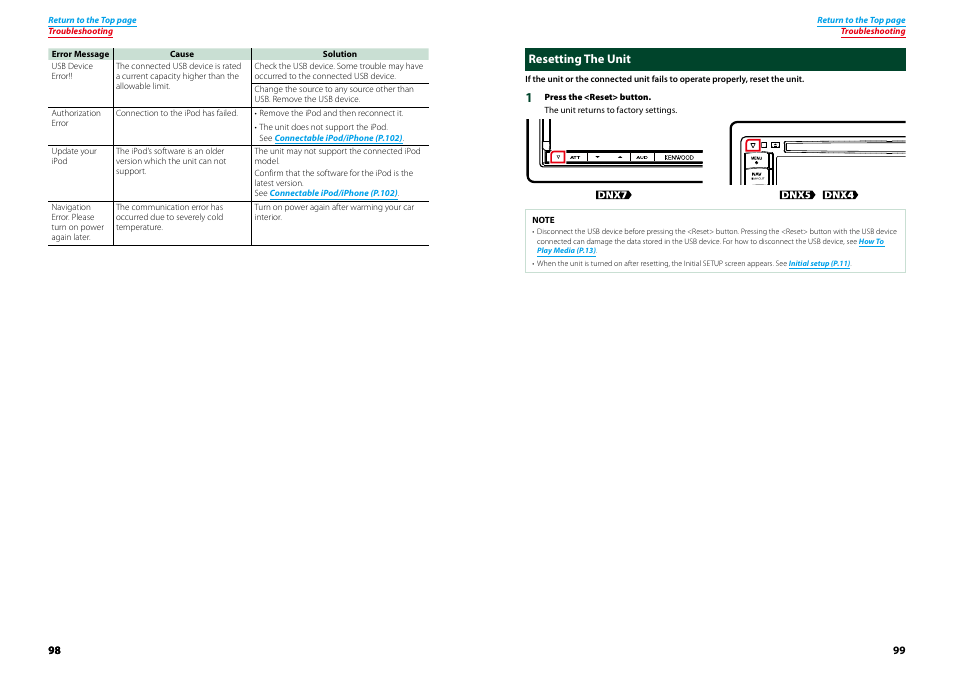 Resetting the unit, P.99) | Kenwood DNX7210BT User Manual | Page 50 / 58