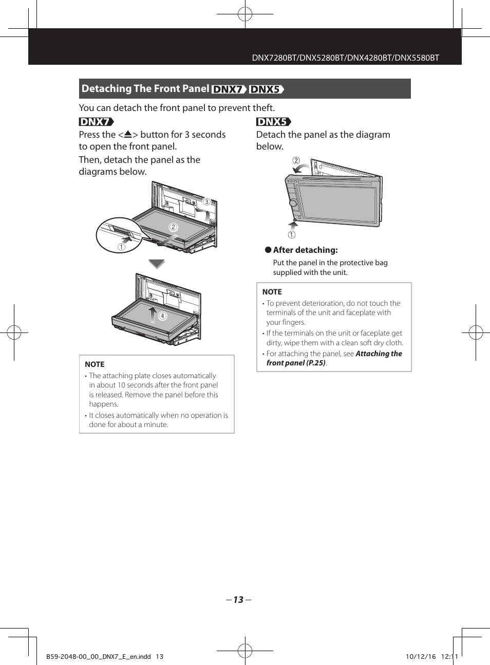 Detaching the front panel | Kenwood DNX5280BT User Manual | Page 13 / 36
