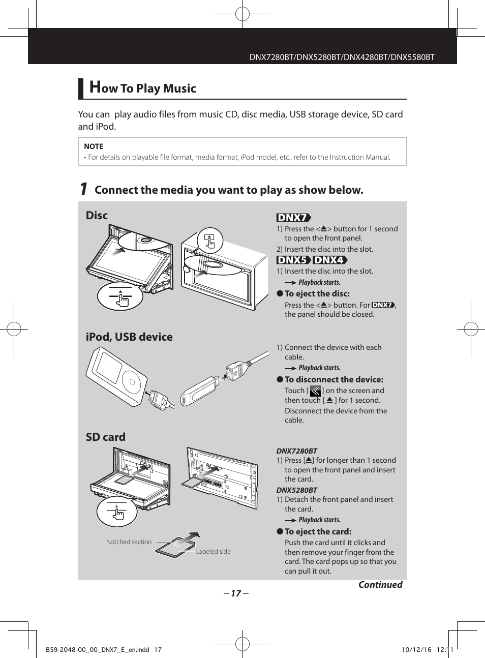 Ow to play music, Ipod, usb device sd card | Kenwood DNX5280BT User Manual | Page 17 / 36
