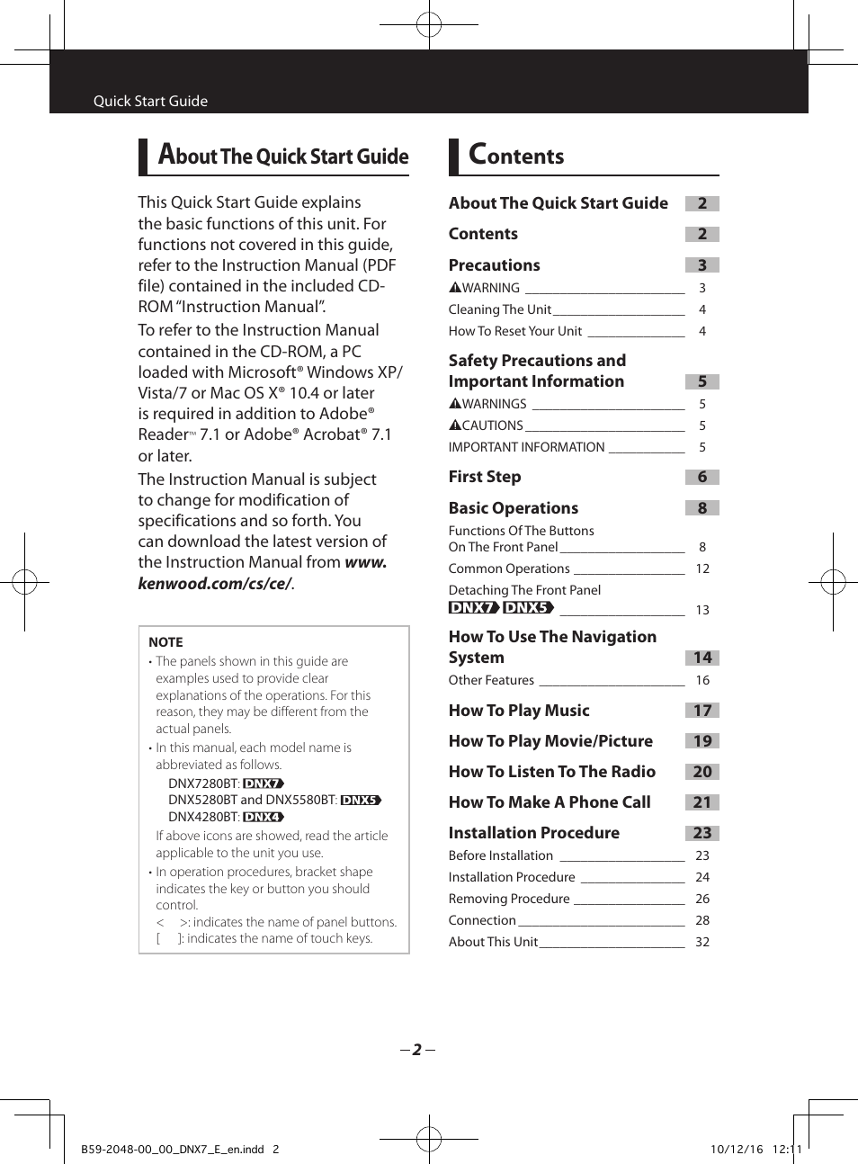 Bout the quick start guide, Ontents | Kenwood DNX5280BT User Manual | Page 2 / 36