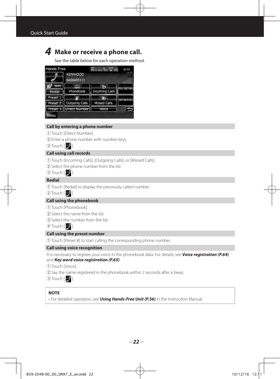 Make or receive a phone call | Kenwood DNX5280BT User Manual | Page 22 / 36