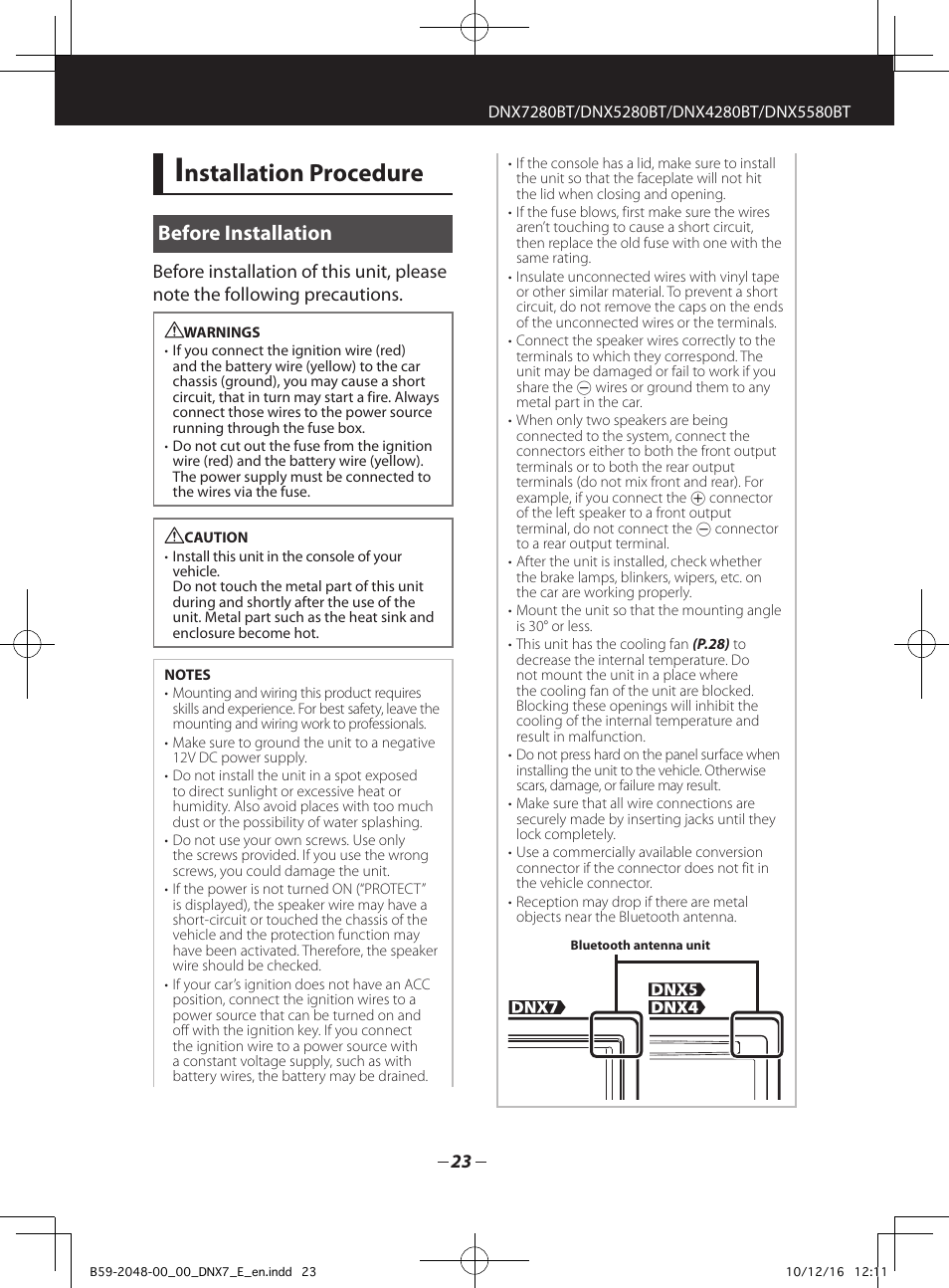 Nstallation procedure, Before installation | Kenwood DNX5280BT User Manual | Page 23 / 36