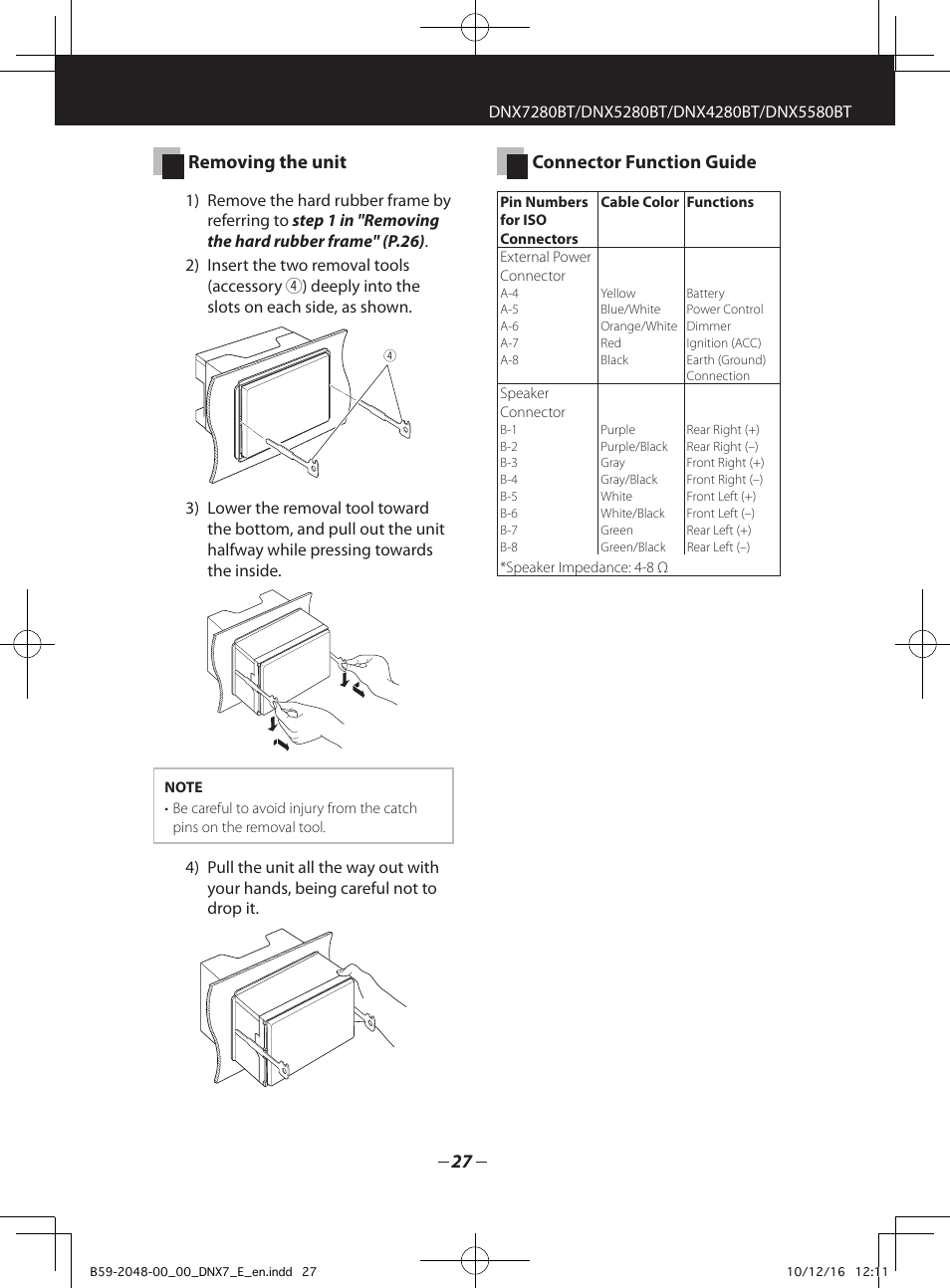 Removing the unit, Connector function guide | Kenwood DNX5280BT User Manual | Page 27 / 36