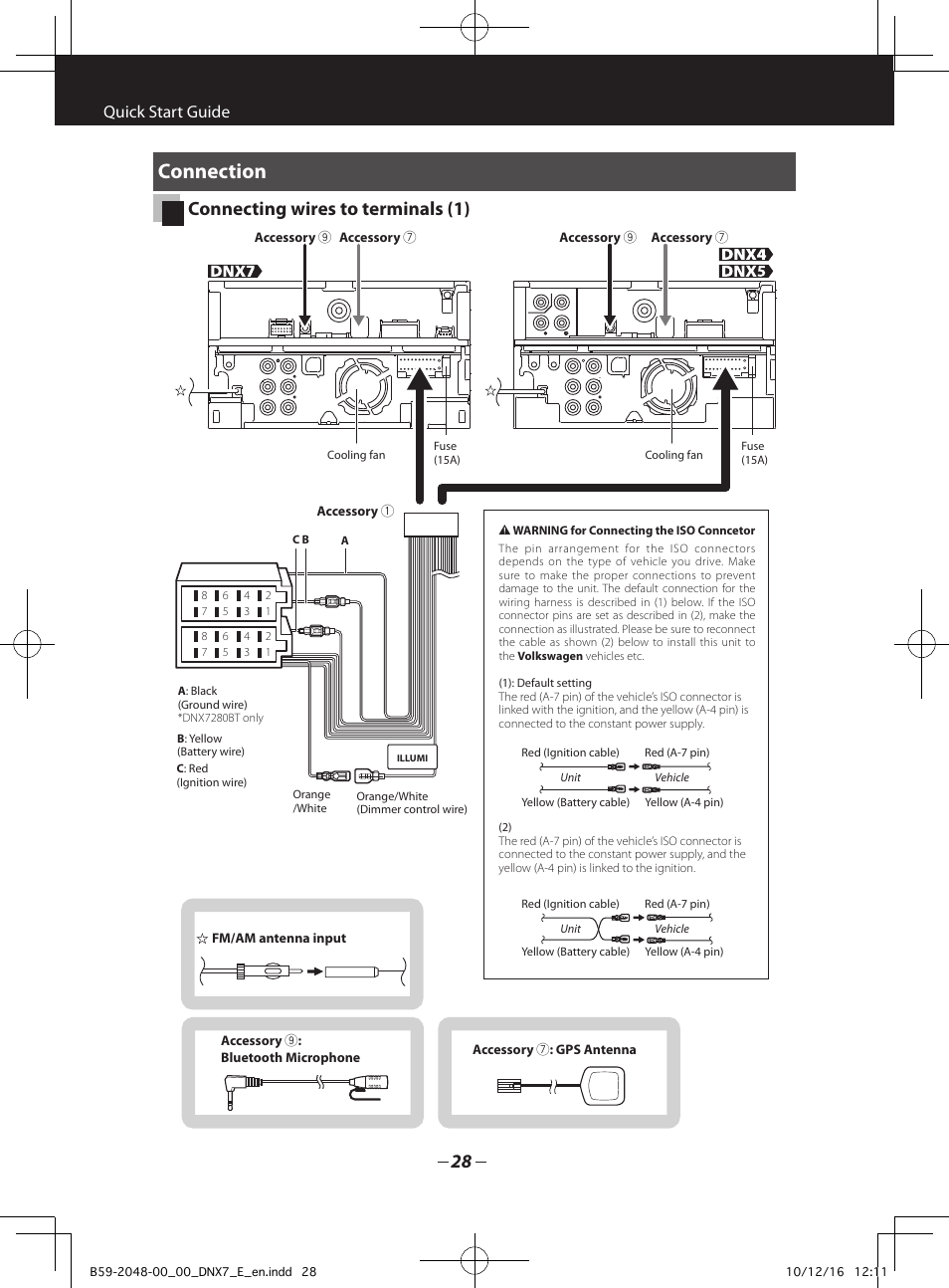 Connection, Connecting wires to terminals (1), Quick start guide | Kenwood DNX5280BT User Manual | Page 28 / 36