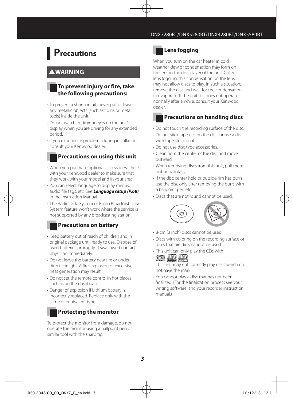Recautions, 2warning | Kenwood DNX5280BT User Manual | Page 3 / 36