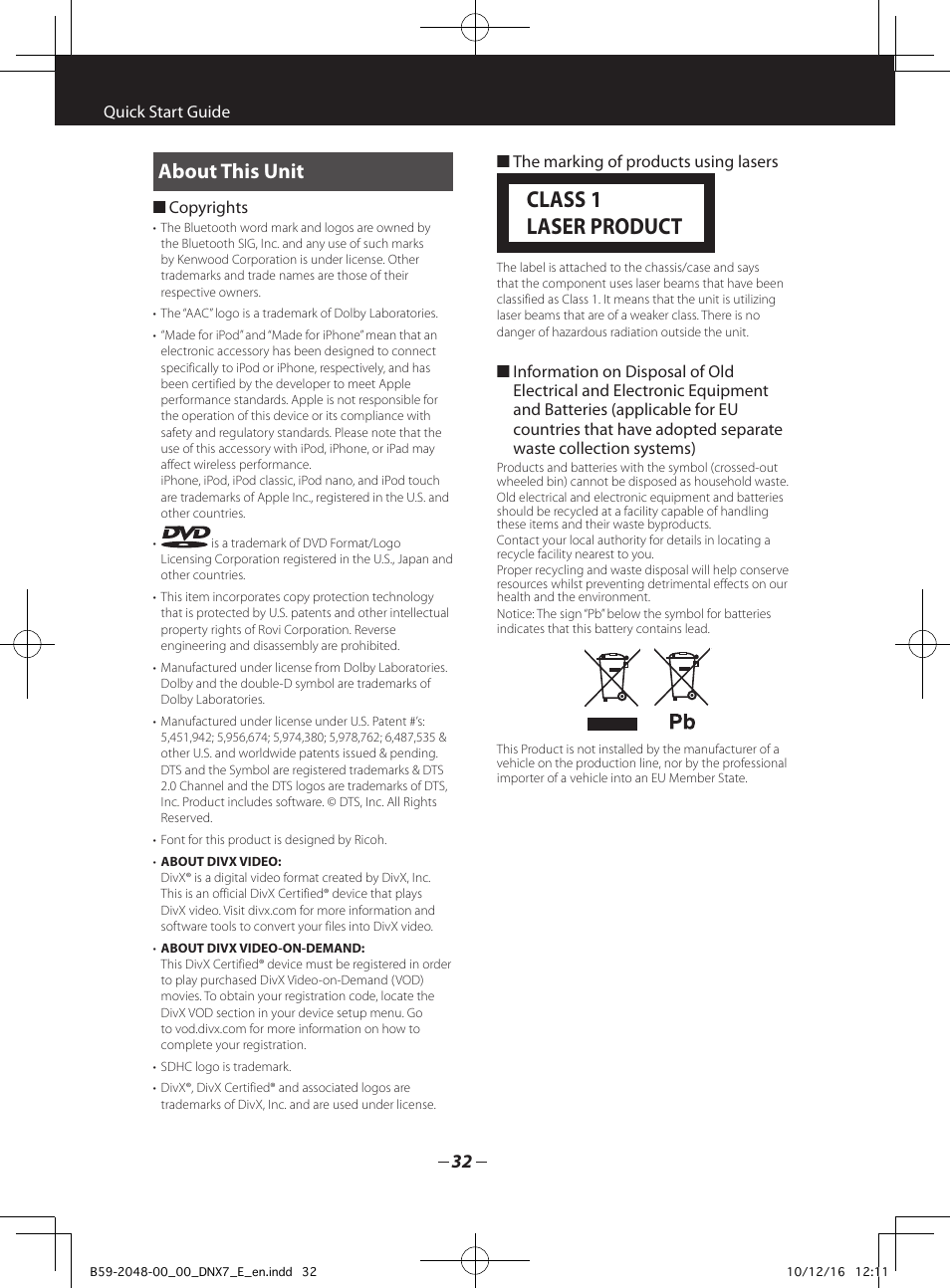 Class 1 laser product, About this unit | Kenwood DNX5280BT User Manual | Page 32 / 36