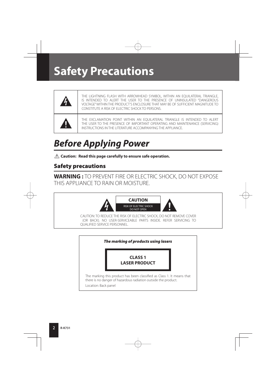 Safety precautions, Before applying power | Kenwood K-731-B User Manual | Page 2 / 76