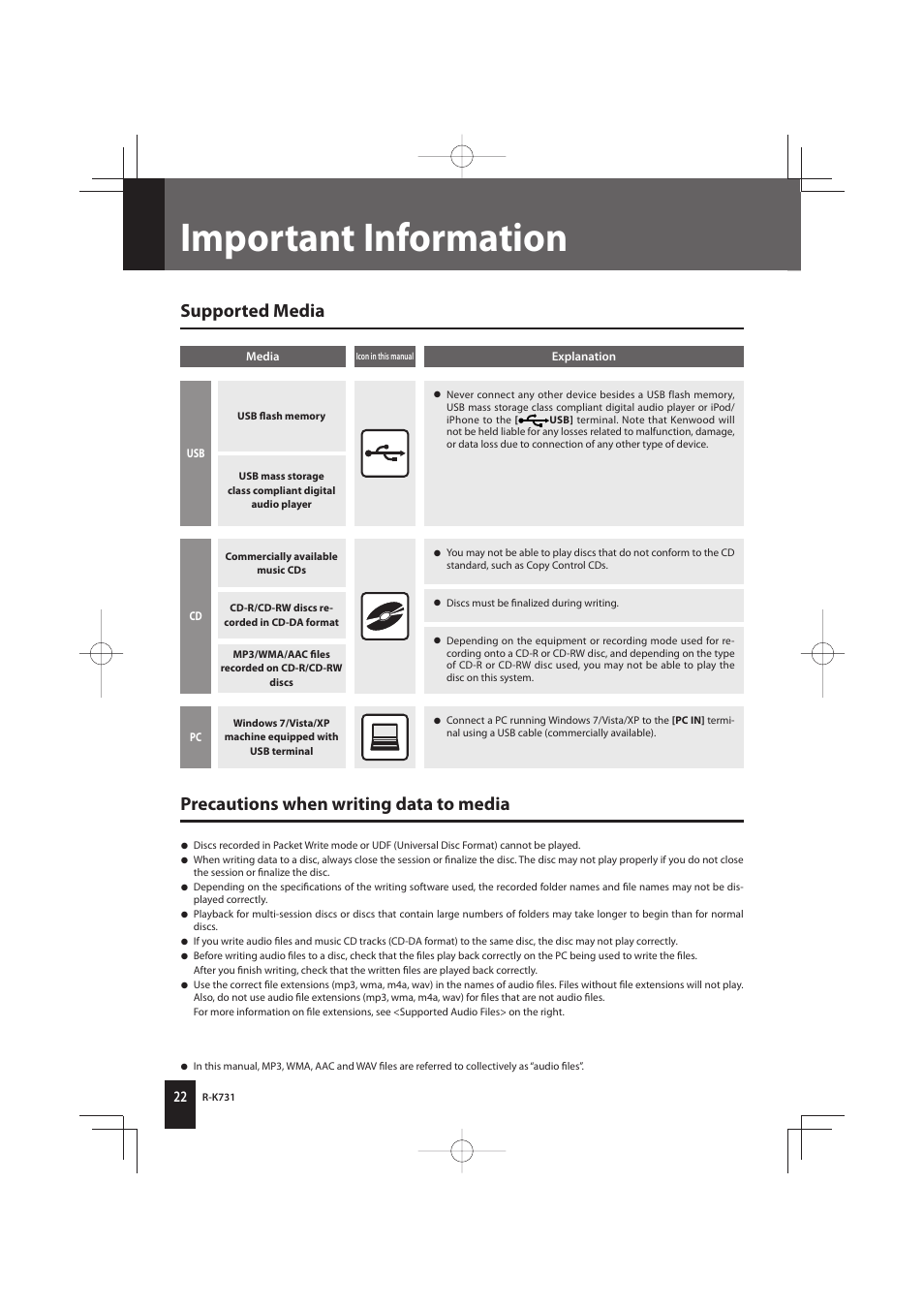 Important information, Supported media, Precautions when writing data to media | Kenwood K-731-B User Manual | Page 22 / 76