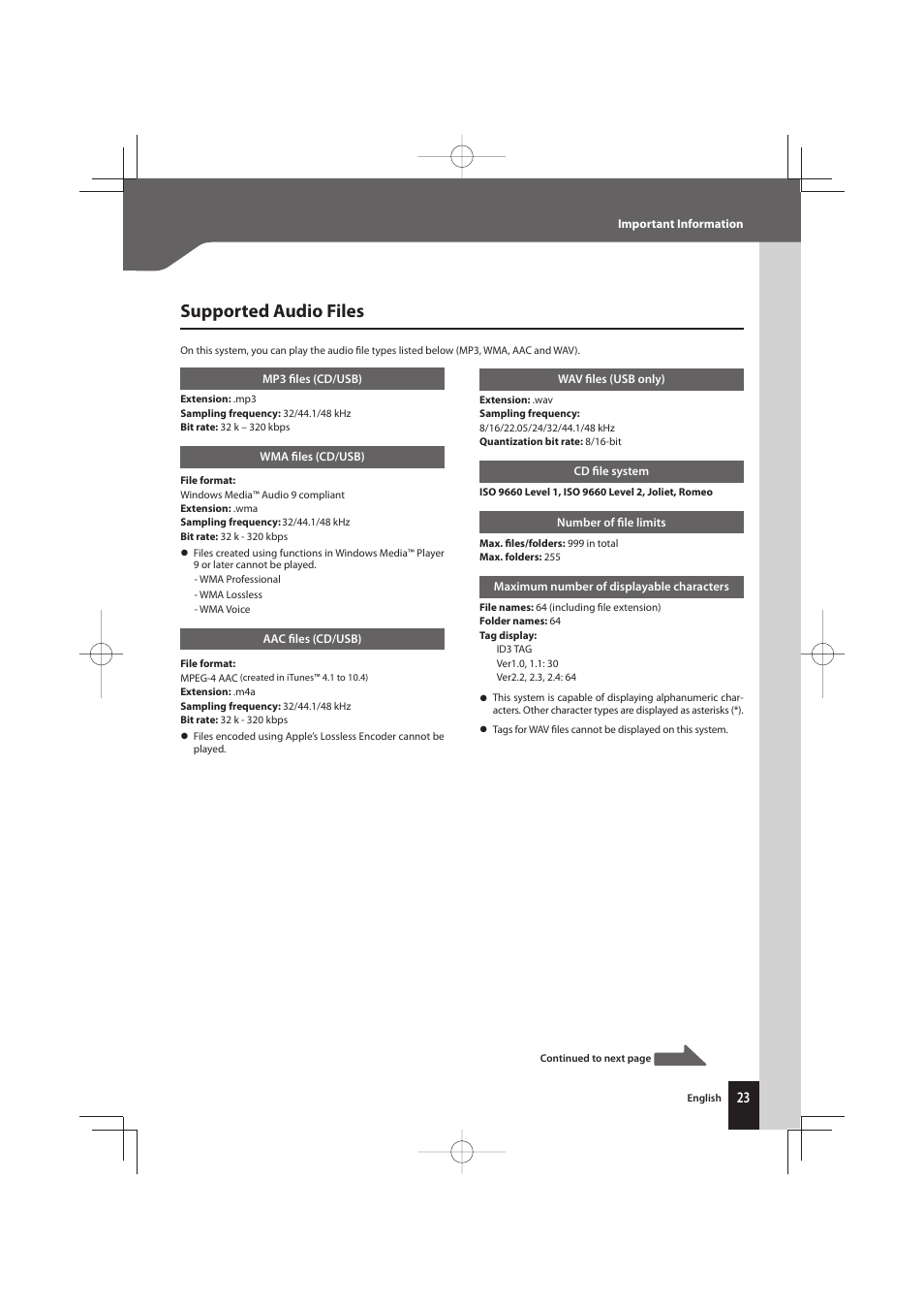 Supported audio files | Kenwood K-731-B User Manual | Page 23 / 76