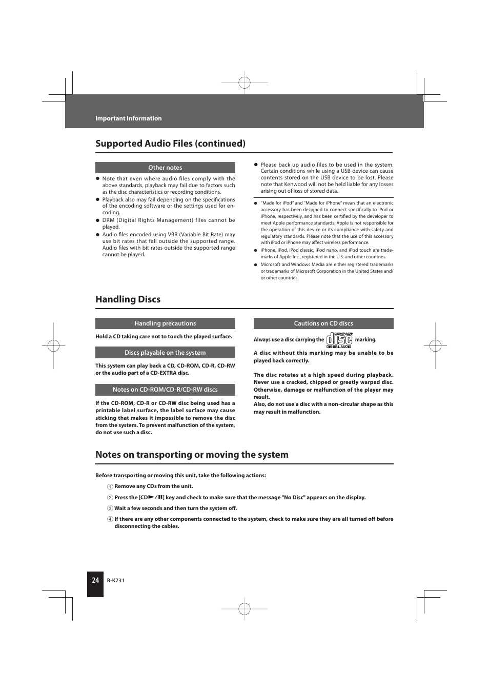 Handling discs | Kenwood K-731-B User Manual | Page 24 / 76