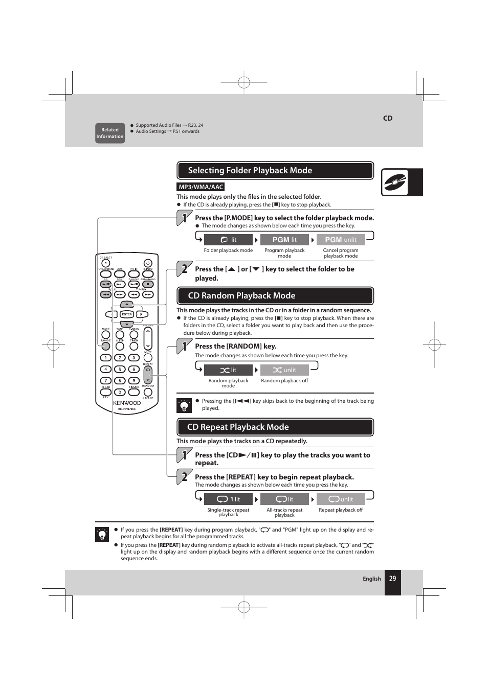 Cd random playback mode, Selecting folder playback mode, Cd repeat playback mode | Kenwood K-731-B User Manual | Page 29 / 76