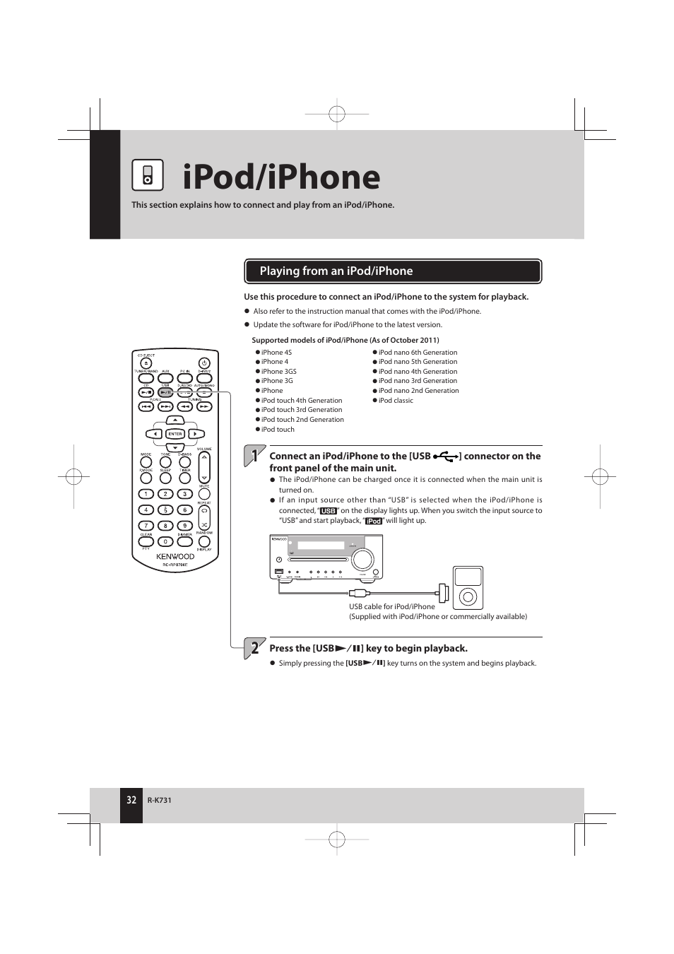 Ipod/iphone | Kenwood K-731-B User Manual | Page 32 / 76