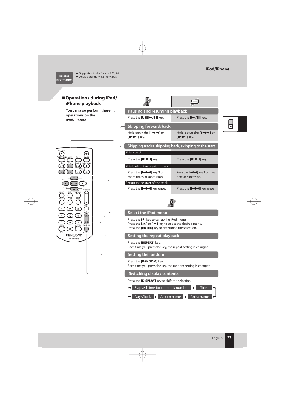 Operations during ipod/ iphone playback | Kenwood K-731-B User Manual | Page 33 / 76