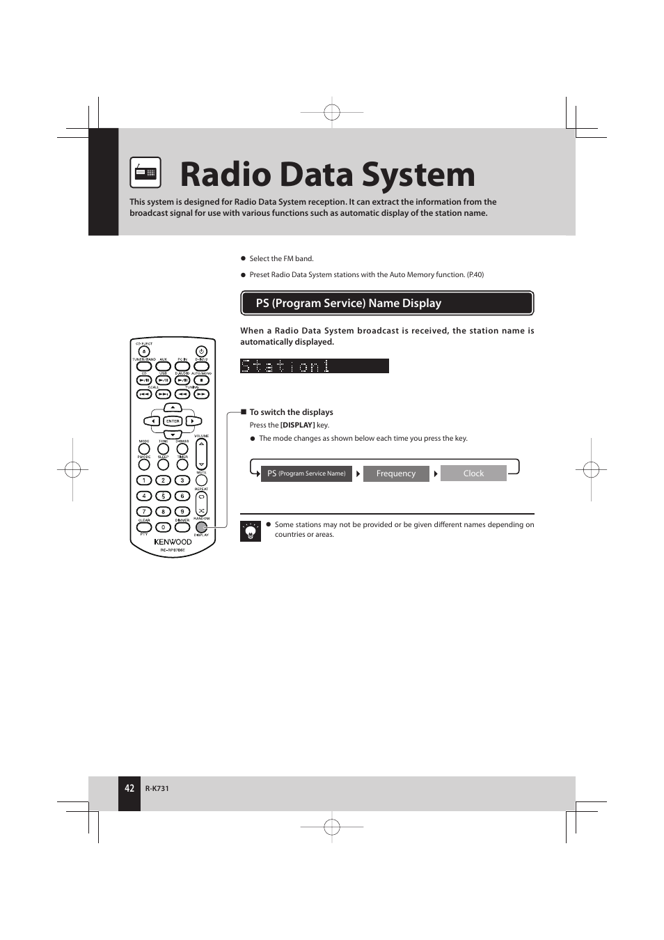 Radio data system, Ps (program service) name display | Kenwood K-731-B User Manual | Page 42 / 76