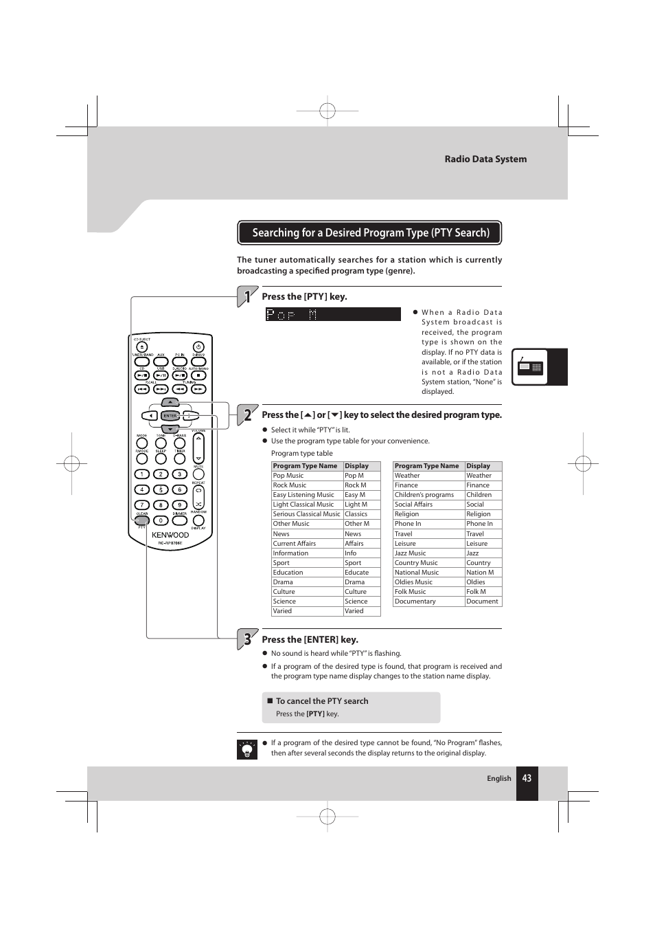 Searching for a desired program type (pty search) | Kenwood K-731-B User Manual | Page 43 / 76