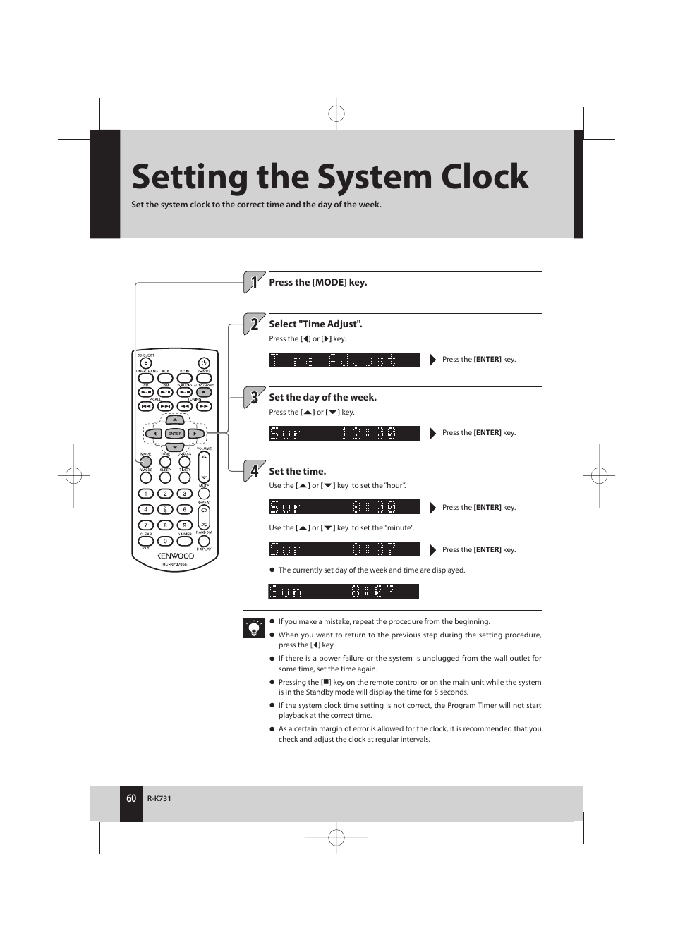 Setting the system clock | Kenwood K-731-B User Manual | Page 60 / 76