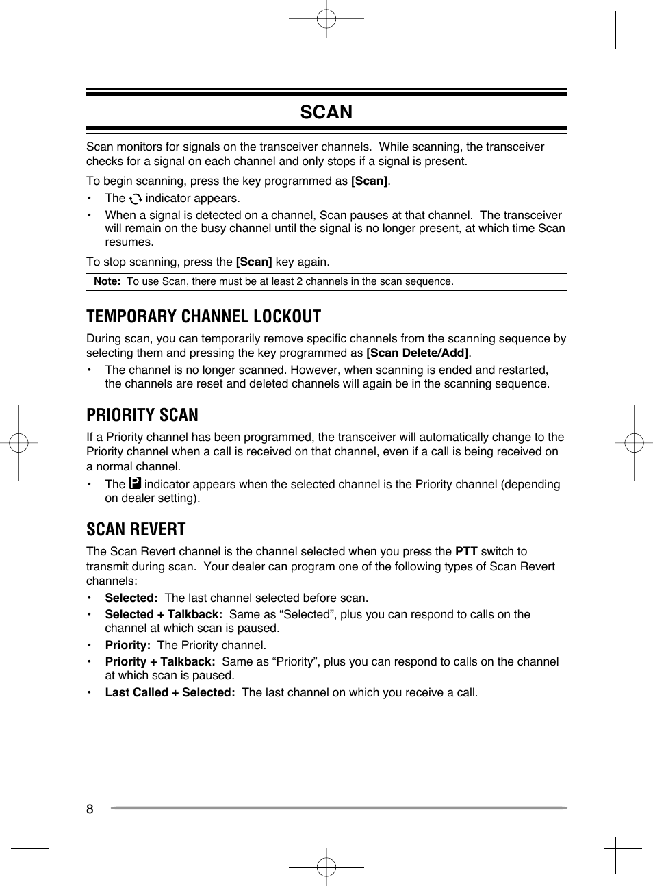 Scan, Temporary channel lockout, Priority scan | Scan revert | Kenwood NX-720GE User Manual | Page 12 / 23